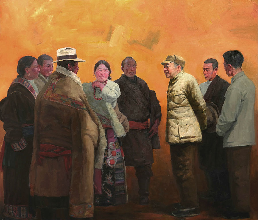 侯旭东(教师�? 油画作品《亲切的关�??—�??1949年彭德�??在兰州与藏民问题研究班学员交谈�??180x210cm.jpg